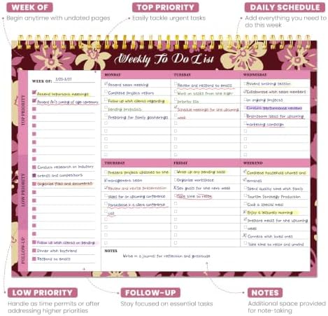Weekly To Do List Notepad with 52 Undated Sheets（8.5"×11"）- Undated Weekly Planner Notepad for Office Desk Accessories and Supplies - Wine Bloom