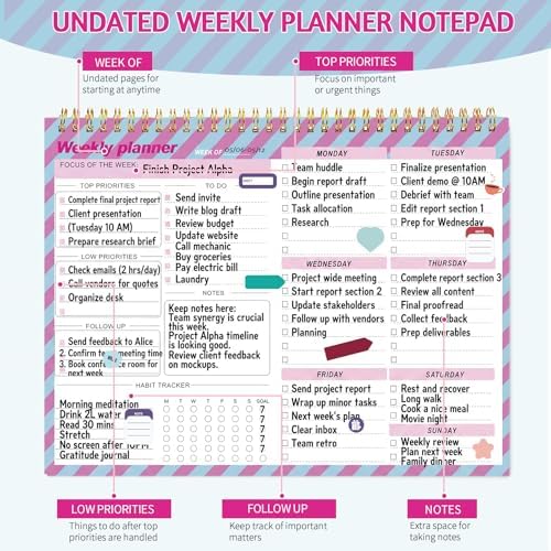 Thboxes Weekly Desk Planner, 8.5x11In To Do List Notepad, 52 Sheets, Plaid