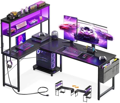 AODK L Shaped Desk Gaming Desk with LED Light & Power Outlet