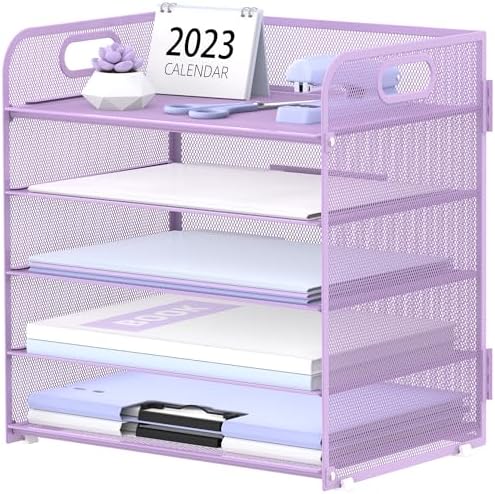 Supeasy 5 Trays Paper Organizer Letter Tray with Handle-Mesh Desk File Holders, Paper Sorter Desk Organizer for Office, Home, Classeoom or School, Purple