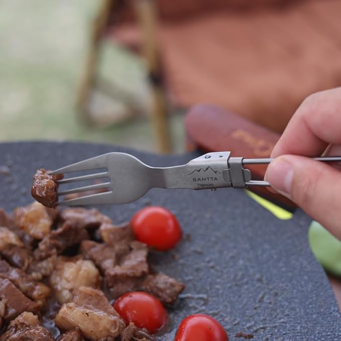SANTTA Ultra Light Titanium Folding Cutlery Set Including Knife Fork Spoon with Bag for Backpacking, Hiking, Camping and Traveling