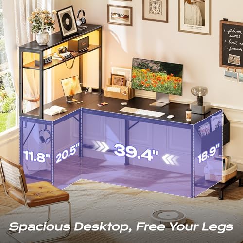 PRAISUN L Shaped Gaming Desk with LED Lights & Power Outlets