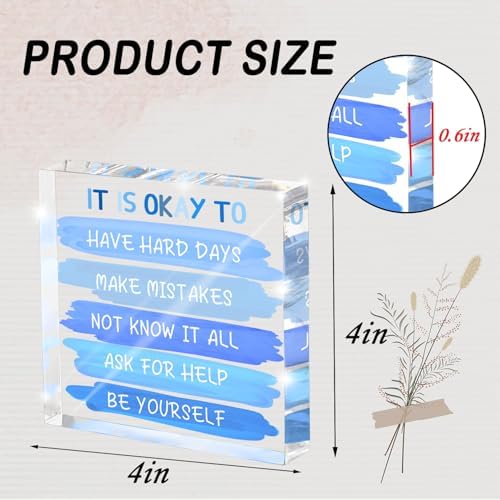 Mental Health “It Is Okay To...” Desk Sign - 4x4 Inch Blue Acrylic Affirmation Decor for Women, Therapy Office Decor, Self-Compassion Gifts, Anxiety Relief & Positive Workspace Accessories