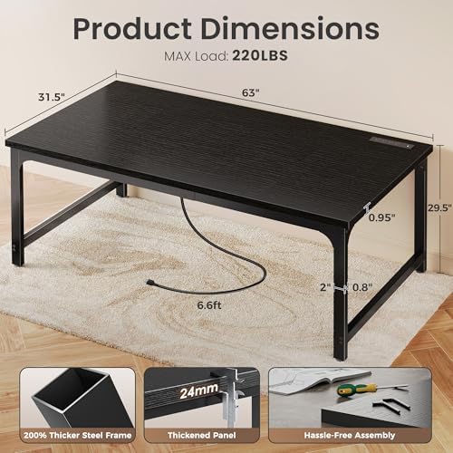 Huuger 63 x 31.5 inch Desk with Power Outlets & 0.95 Inch Thicker Desktop