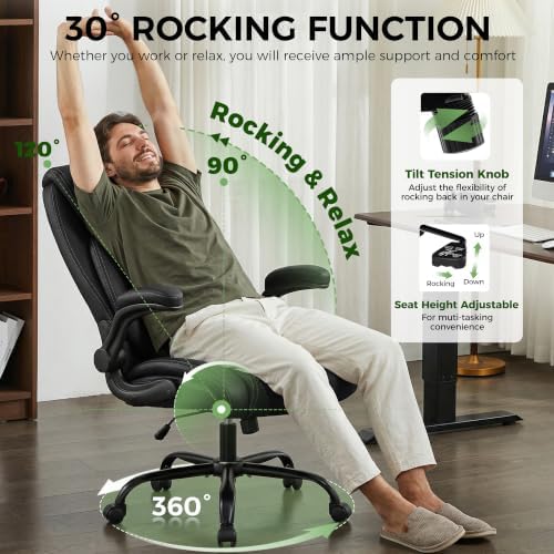 Office Chair, Ergonomic Executive Desk Chair with Lumbar Support for Lower Back Pain Relief, Padded Flip-Up Armrests, Leather Home Office Chair, Black
