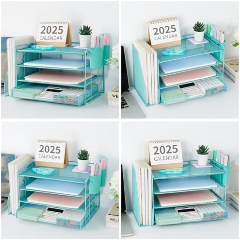 OPNICE Desk Organizer, 4-Tier Desktop File Organizer with Drawer and Pen Holders, Office Desk Accessories, File Sorters, Workspace Organizers for Office Supplies(Teal Blue)