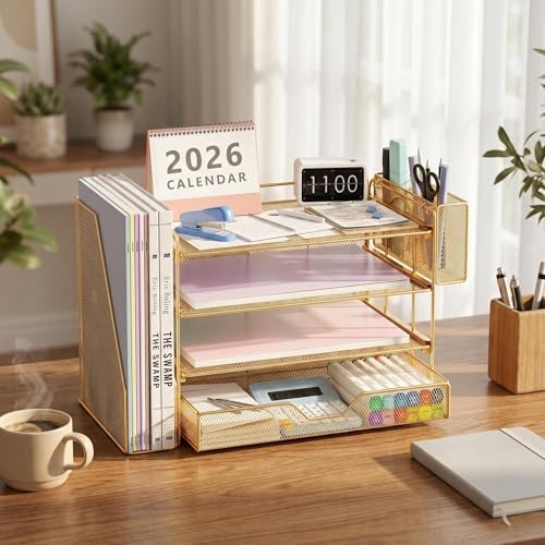 OPNICE Desk Organizers and Accessories, 4-Tier Desktop File Organizer with Drawer and Pen Holders, Office Desk Accessories Workspace Organizers for Office Supplies (Gold)