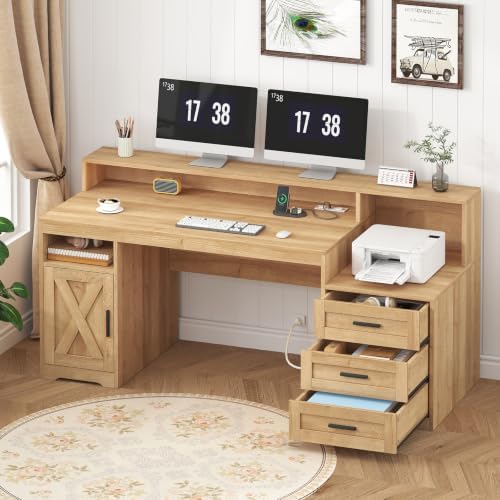 65" Farmhouse Computer Desk with Drawers and Printer Stand for Home Office