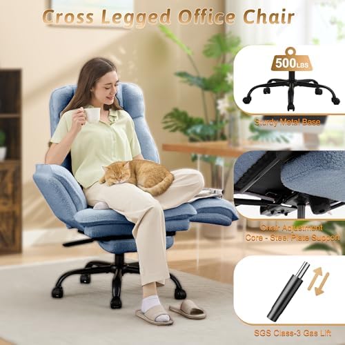 Wider Seat Office Chair with Flip Armrests for Criss Cross Legged&Cats, Big and Tall Executive Ergonomic Reclining Chair with Footrest&Lumbar Pillow, Teddy Fleece Desk Chair,Blue Vanity Chair