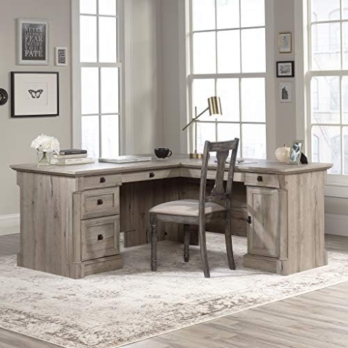 Sauder Palladia L Shaped Desk with Drawers, Office Desk with File Cabinet Storage, Cable Management, Keyboard Tray, in Split Oak finish