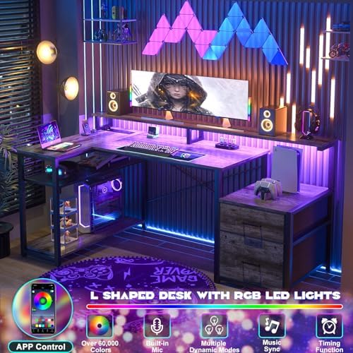 Aheaplus L Shaped Desk with File Drawer, Reversible L Shaped Gaming Desk