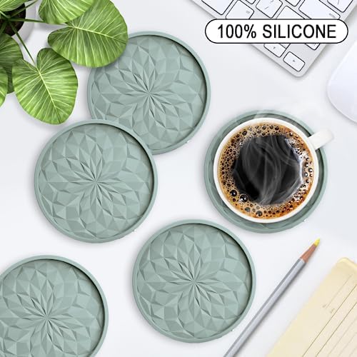 ME.FAN Silicone Coasters with Holder,[6 Pack] Drinking Coasters - Cup Mat for Hot or Cold Drinks, Thickened, Non-Slip, Non-stick,Deep Tray Desert Sage