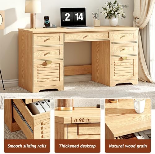 Ieejdn 59" Home Office Desks, Executive Desk, Farmhouse Computer Desk with 7 Drawers and Charging Station, File Drawer, Rustic Computer Writing Desk,Antique Wood