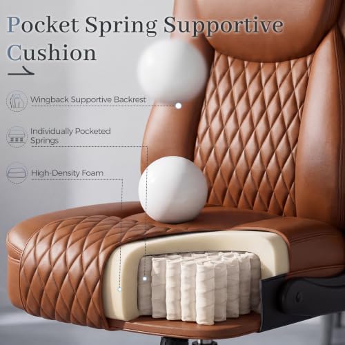 GTPOFFICE Executive Office Chair with Comfortable Lumbar Support, Ergonomic Gaming Chair with Flip-up Armrests & Zoned Pressure-Relief Cushion, Comfy PU Leather Desk Chair, Brown