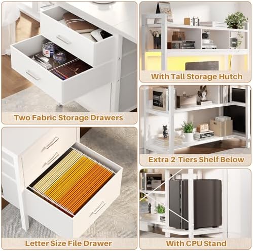 Aheaplus L Shaped Gaming Desk with Hutch, Gaming Desk with Led Lights, Reversible Computer Desk with Power Outlet, Corner Desk with File Drawer & Monitor Stand, Storage Shelves for Home Office, White