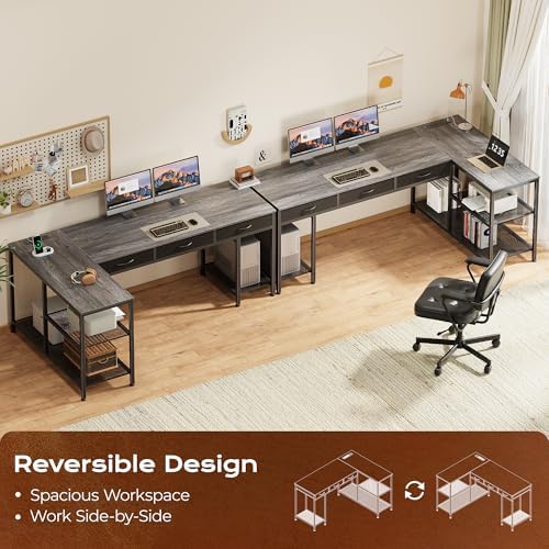 PRAISUN 63 Inch L Shaped Office Desk with Power Outlets and Type-C Port, Large Computer Gaming Desk with 3 Fabric Drawers, Mesh Shelves, Corner Study Work Writing Desk, Grey