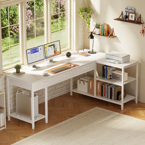 PRAISUN 63 Inch L Shaped Office Desk with Power Outlets and Type-C Port, Large Computer Gaming Desk with 3 Fabric Drawers, Mesh Shelves, Corner Study Work Writing Desk, White