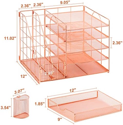 Marbrasse Rose Gold Desk Organizer with File Holder, 5-Tier Paper Letter Tray Organizer and Drawer, Mesh Desktop Storage with Magazine Holder for Office Supplies