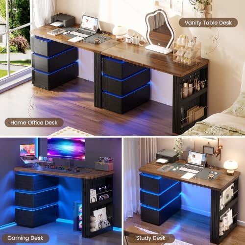 Vlsrka 47.2" Home Office Desk with 3 Drawers, Computer Desk with LED Lights