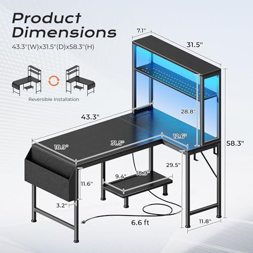 PRAISUN L Shaped Gaming Desk with LED Lights & Power Outlets