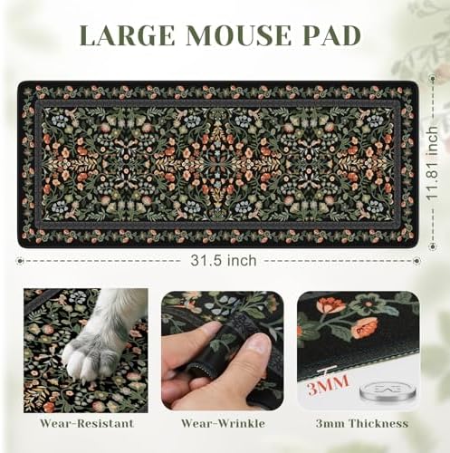 iCasso Aesthetic Floral Desk Mat,Retro Mouse Pads,31.5x11.8in, Black