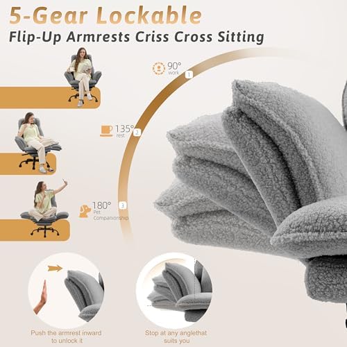 Wider Seat Office Chair with Flip Armrests for Criss Cross Legged&Cats, Big and Tall Executive Ergonomic Reclining Chair with Footrest&Lumbar Pillow, Teddy Fleece Desk Chair,Grey Vanity Chair