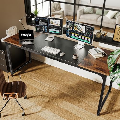 Huuger Computer Desk, 70 Inch Office Desk, Gaming Desk with Storage, Writing Desk Work Desk for Home Office, Study, Long Simple Desk, Large Legroom, Metal Frame, Rustic Brown and Black