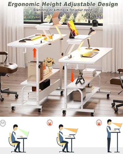 Height Adjustable Standing Desk with Power Outlets and LED Lights - 39" Manual Stand Up Desk with Monitor Stand and Storage Shelves Small Mobile Rolling Computer Desk Portable Laptop Table, White
