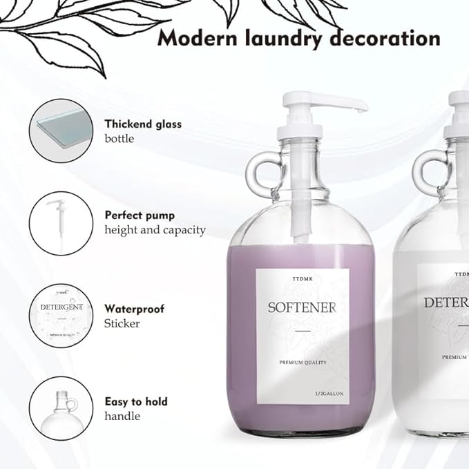 2 Pack Glass Laundry Detergent Dispenser - Gallon Fabric Softener Liquid Dispenser for Laundry Room (128 oz Each), Liquid Laundry Soap Dispenser - Includes Labels, Funnel, and Measuring Cup