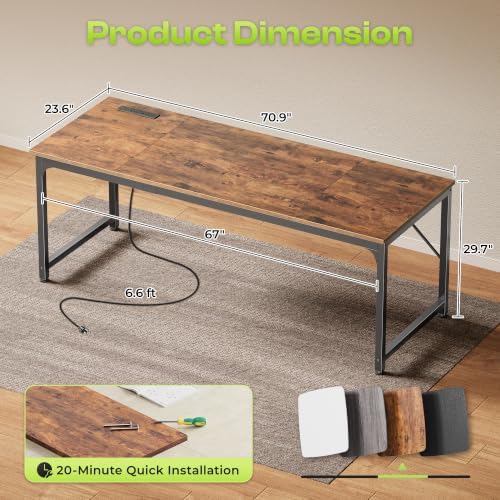 PRAISUN 70x24 Inch Computer Desk with Power Outlets & USB-C, Rustic Brown