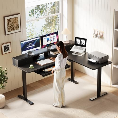 OffiGo 59 Inch L Shaped Electric Standing Desk with Drawers, Black