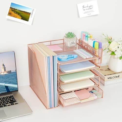 5-Tier Desk File Organizer with Drawer & Pen Holder (Rose Gold)