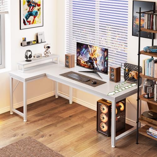 PRAISUN 53" L Shaped Computer Desk, Power Outlets, Monitor Stand, White