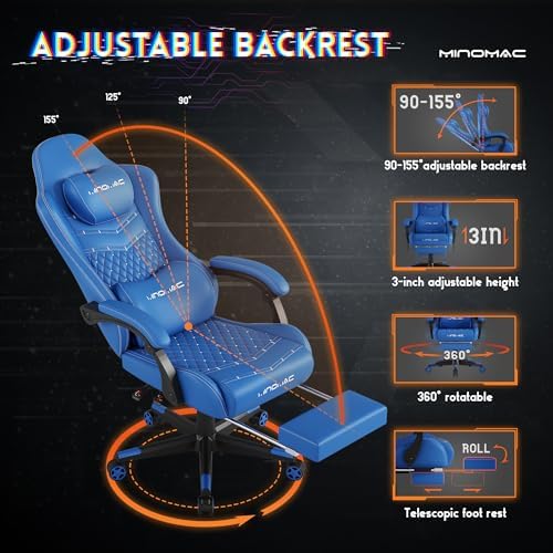 Gaming Chair,Big and Tall Gaming Chair 400lbs Office Chair with Footrest, 90-155° Recline & Removable Headrest Lumbar Support[Spring + 4D Sponge](Blue)