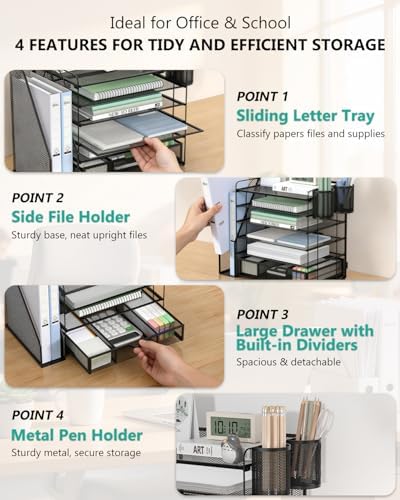 WALI Desk File Organizer, 6 Tier Desktop Paper Letter Tray Organizer with Drawer and 2 Pen Holders, Office Desk Accessories & Workspace Organizers for Office, Home Supplies(DO007DH-B), 1 Pack, Black