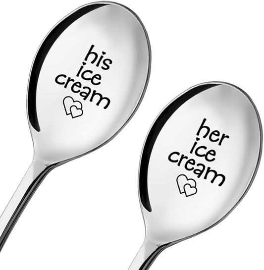 His and Her Engraved Ice Cream Spoon 2 Pcs, Anniversary or Birthday Gift for Couple, Christmas or Valentine's Day Gift for Him and Her