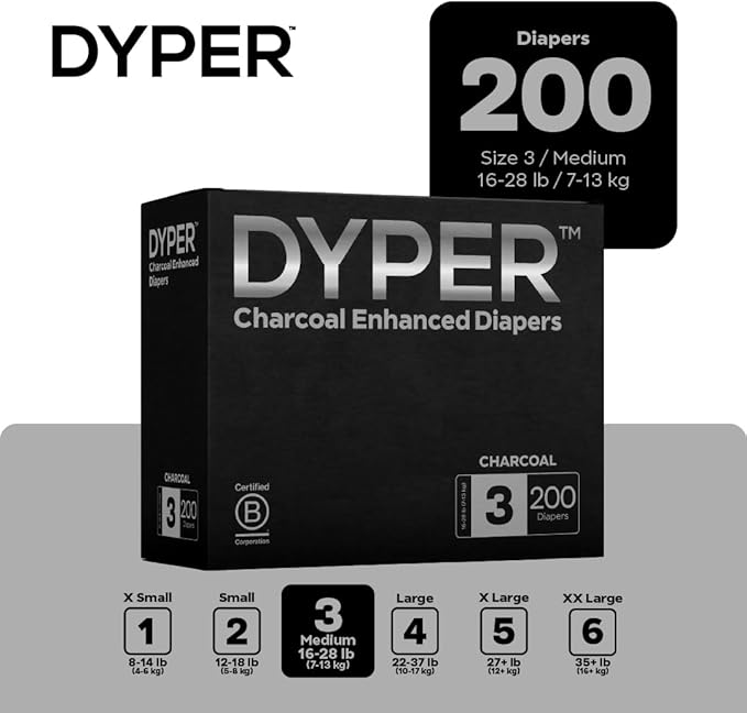 DYPER - Charcoal Enhanced Day & Overnight Disposable Baby Diapers - Made with Plant-Based* & Skin-Friendly Ingredients, Hypoallergenic for Sensitive Skin - Size 3, (200 Count)