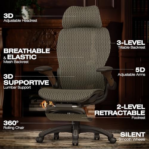 ELABEST X100 Ergonomic Mesh Office Chair with Footrest, Big and Tall Home Desk Chair with 5D Flip-Up Arms, Adjustable 3D Lumbar Support, Gaming & Executive Computer Chair (Coffee Break)