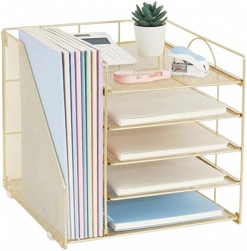 LEKETREE Desk Organizers and Accessories, 5-Tier Paper Letter Tray Organizer with File Holder, Desktop Organizer for Office Supplies (Gold)