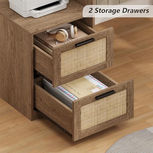 63" Rattan L Shaped Desk with Drawers & Printer Shelf for Home Office