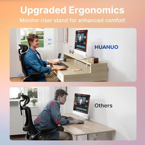 HUANUO 63″ x 26″ Electric Standing Desk with 2 Drawers &24.4″ Large Keyboard Tray, C-Clamp Mount Compatible, Adjustable Computer Desk for Office, Sit Stand Up Desk with 4 Height Presets, Light Walnut