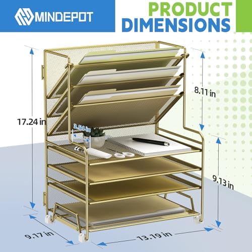 MINDEPOT 4-Tier Paper Organizer + 3-Pocket File Holder + Drawer + Pen Holders, Desktop File Organizers Paper Tray for Office Supplies School Classroom Organization (Gold, no Drawer & Pen Holder)