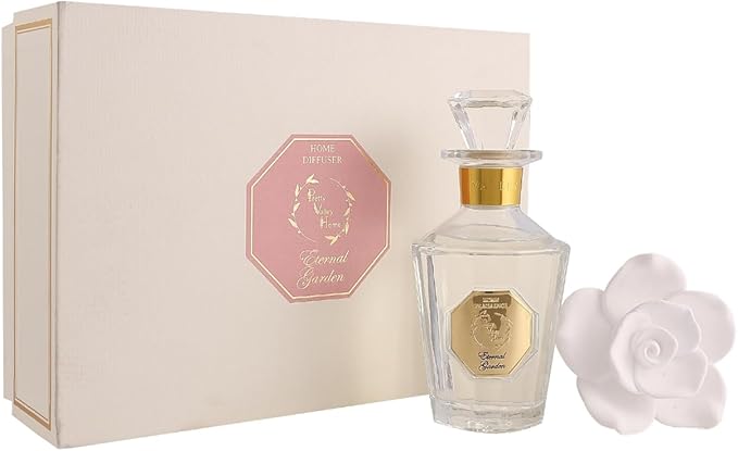 Reed Diffuser Set, Pretty Valley Home Diffuser Rose Petals Gypsum White Flower Oil 100Ml / 3.38fl OZ Gift Box for Bathroom Office Bathroom Living Room Decor (Eternal Garden)