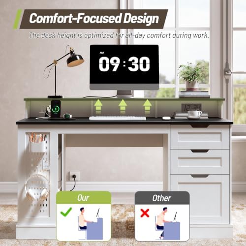 55-Inch Farmhouse Executive Desk with 2 Drawers and File Cabinet, Computer Desk with 3-Tier Storage Shelves, Home Office Desk with Charging Station, Pegboard and Monitor Shelf, White and Black