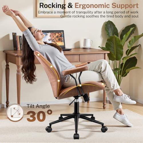 HeroSet Leather Office Chair with Removable Armrests, Mid Back Ergonomic Desk Chair with Lumbar Support, Adjustable Height Rocking Swivel Executive Chair for Home Office, Brown