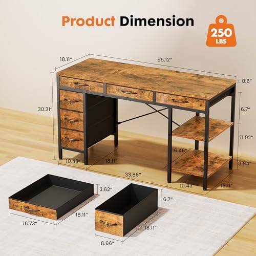 OLIXIS 55 Inch Computer Desk with 6 Fabric Drawers, for Home Office Work