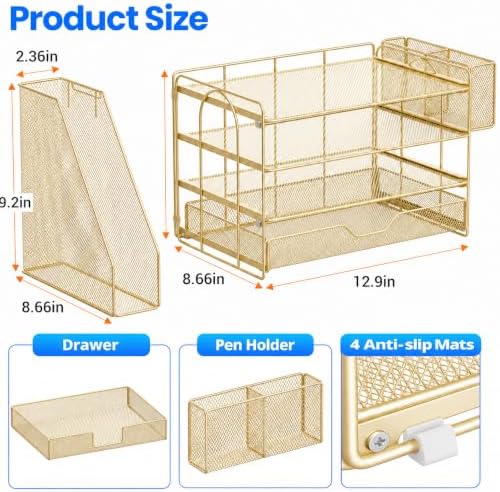 OPNICE Desk Organizers and Accessories, 4-Tier Desktop File Organizer with Drawer and Pen Holders, Office Desk Accessories Workspace Organizers for Office Supplies (Gold)