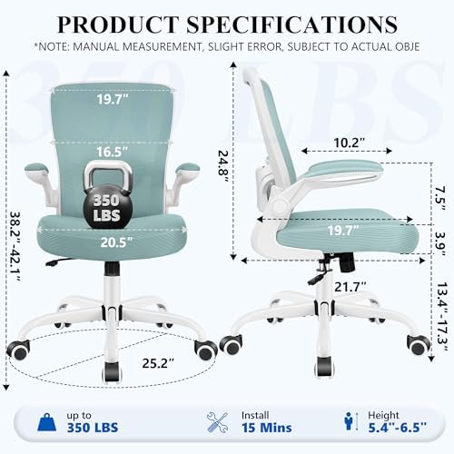 FelixKing Office Chair, Ergonomic Desk Chair Breathable Mesh Chairs Adjustable High Back Lumbar Support Flip-up Armrests, Executive Rolling Swivel Comfy Computer Chairs Home Office Light Blue