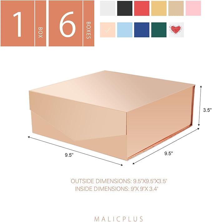 6 Gift Boxes with Lids 9x9x3.4 Inches, Rose Gold Bridesmaid Proposal Boxes with Magnetic Closure for All Occasion (Glossy Rose Gold)