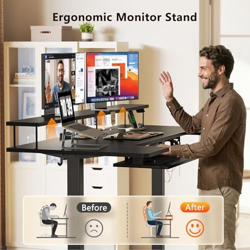 OffiGo 63 Inch U Shaped Electric Standing Desk with Keyboard Tray, Black